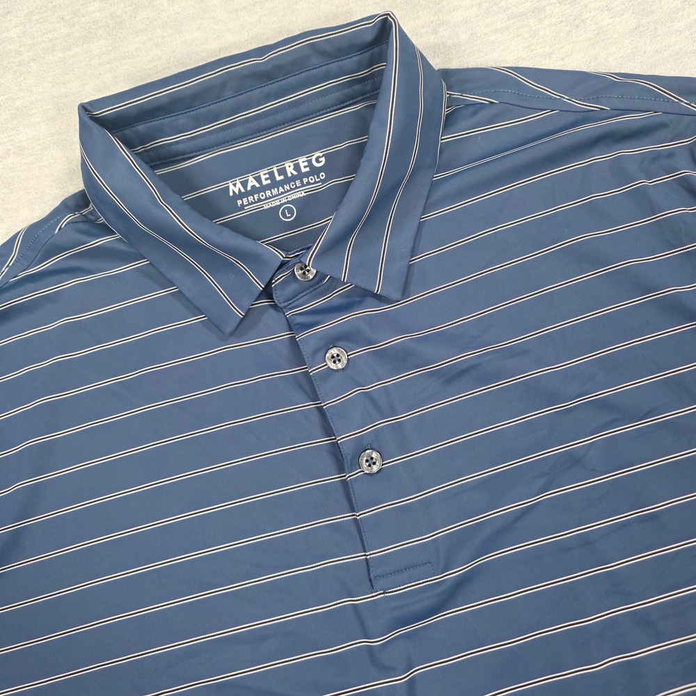 Maelreg Mens Performance Polo Shirt Blue Striped Short Sleeve Golf Size Large